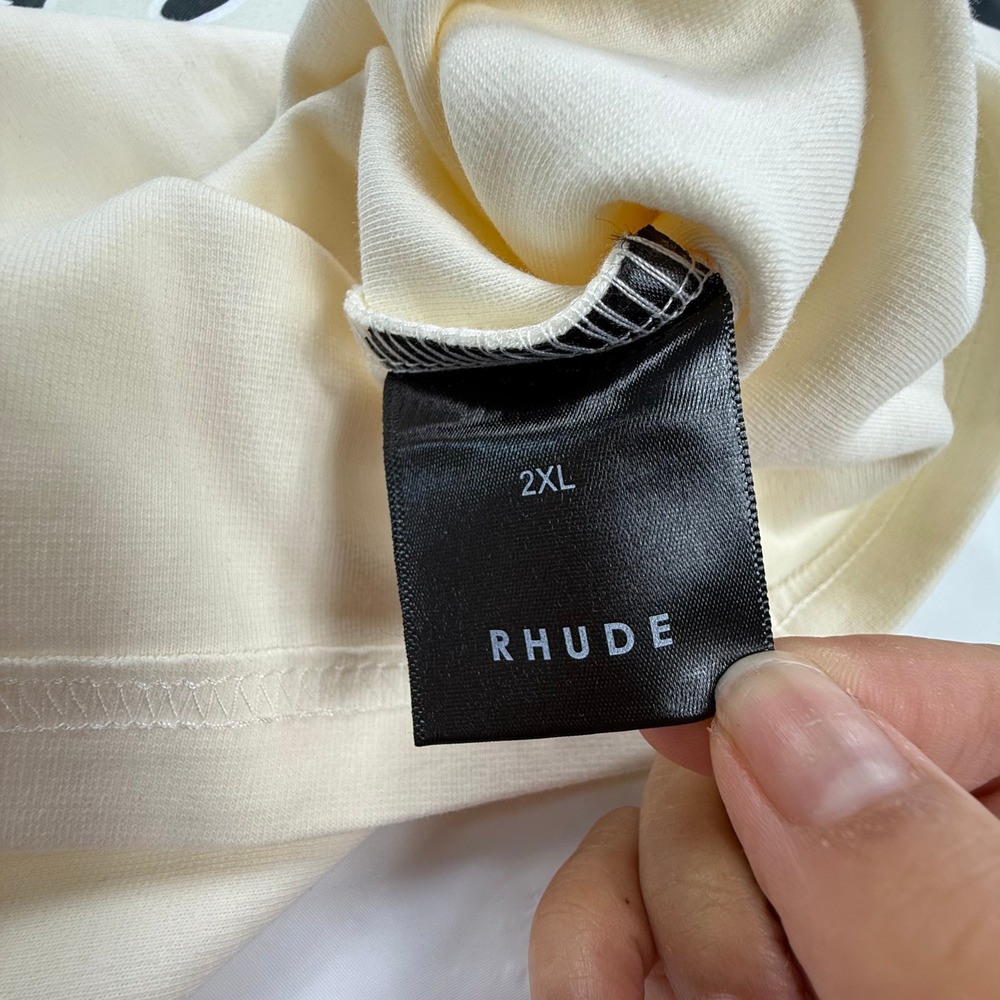Rhude Court Henley T-Shirt Mens XXL Cream Black SS22 Colorblock Streetwear Logo - Picture 9 of 11
